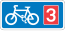Rectangular, blue traffic sign with a white bicycle symbol and a red square with the number 3 in it.