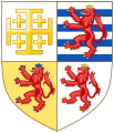 Escudo del Reino de Chipre a partir de 1393, en el que se combinan las armas de los Reinos de Chipre, Jerusalén y Armenia.