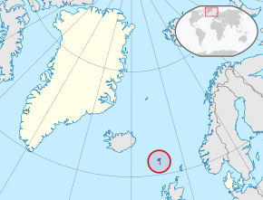 Location of the Faroe Islands (red; circled)in the Kingdom of Denmark (yellow)
