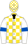 Yellow and White check, White sleeves, Royal Blue armlets