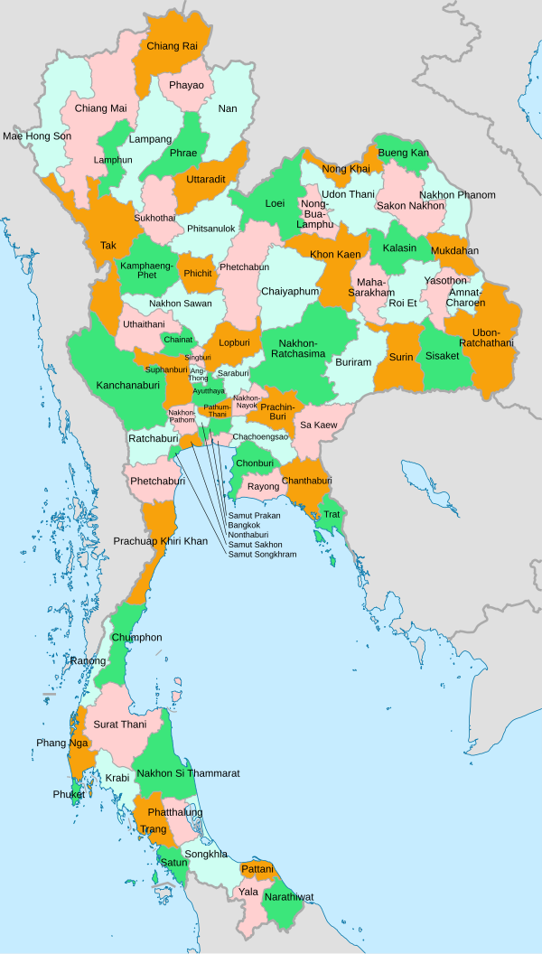 Een klikbare kaart met de provincies van Thailand