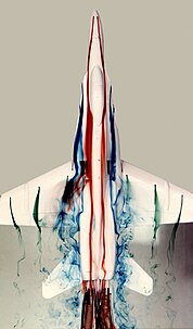 water tunnel 1/32 scale F18 with colored ink flow visualization