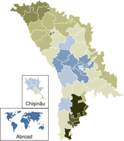 Výsledky v okresech a sektorech Kišiněva Ano:      50–60%      60–70%      70–80% Ne:      50–60%      60–70%      70–80%      80–90%      90–100%