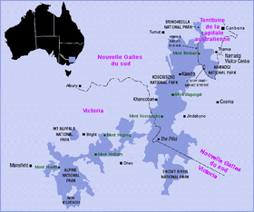 Carte des parcs dans les « Snowy Mountains », le « High Country » et monts Brindabella