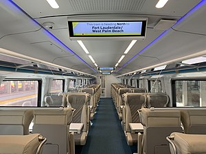 The interior of a Siemens Venture trainset operated by Brightline in Miami.