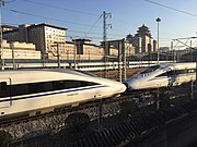 Consolidated models of CRH380A are often double-headed in operation (seen at Beijing West railway station)