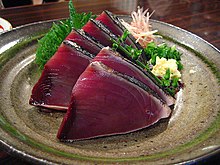 Bonito (skipjack tuna) tataki. Often on the menu as "Katsuo no Tataki" (Jian notataki
) KatsuoTataki.jpg