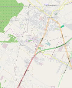 Mapa konturowa Radzymina, u góry po prawej znajduje się punkt z opisem „miejsce bitwy”