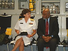 Rear Admiral Donna Crisp and Vanuatu President Kalkot Mataskelekele at a repatriation ceremony for U.S. military personnel killed in Vanuatu during World War II. The ceremony took place in Luganville, Espiritu Santo, Republic of Vanuatu on July 31, 2009