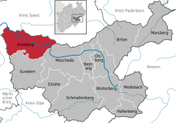 Arnsberg markerad med rött i karta över Hochsauerlandkreis