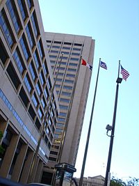 The Cleveland Division of Police Headquarters in the foreground CDPHQ.jpg