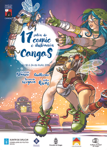 Cartel del 17 Salón do Cómic e Ilustración de Cangas que se celebró en julio de 2016. Artistas invitados: Fernando Blanco, Bernardo Vergara, Victor Rivas y Guillermo. Representa unas hadas mágicas del bosque con la figura del Facho al fondo.