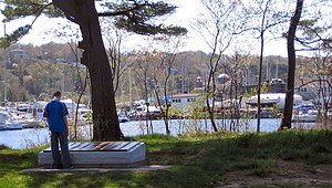 A visitor reads a plaque on Deadman's Island which commemorates 195 American servicemen who died in captivity at a nearby prison on Melville Island during the War of 1812. DeadmansIslandHalifax.jpg