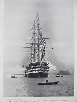 HMS Duke of Wellington 1852, the Navy's largest warship (her Napier engines were transferred from the frigate Simoon) firing a gun salute in Portsmouth Harbour during her time as flagship there. Hmsdukeofwellingtonsalute.jpg