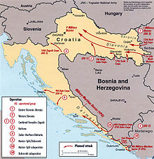 Bản đồ Croatia với các mũi tên thể hiện sự di chuyển của các đơn vị JNA từ Serbia và bắc Bosnia vào đông Croatia, từ tây Bosnia vào trung tâm Croatia, từ Knin vào bắc Dalmatia và từ Bosnia và Montenegro vào nam Dalmatia.