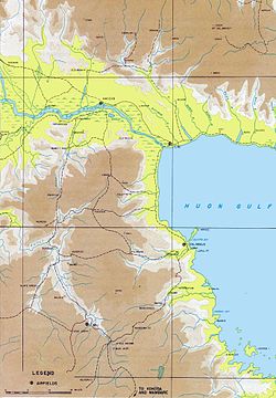 Map depicting the western end of the Huon Gulf