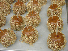 The caramel apple is an apple dish. Caramel Peanut Candy Apples 2592px.jpg