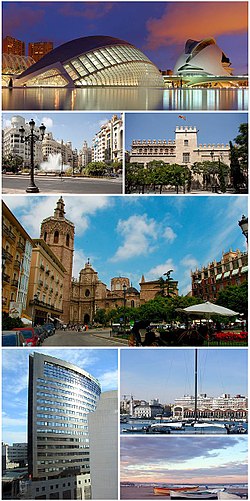 Clockwise from top: City of Arts and Sciences, modernist buildings in Town Hall Square, Silk Exchange, Queen Square with a view of the Cathedral and its tower the Micalet, Business Offices in France Avenue, the America's Cup port and the Malva-rosa beach.