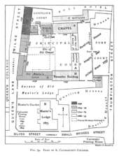 Plan of the College in 1897, showing stages of development Historical plan of St Catharine's College, Cambridge (1897) - cambridgedescri00atkiuoft 0498.png