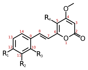 The general structure of the kavalactones, without the R1-R2 -O-CH2-O- bridge and with all possible C=C double bonds shown. Kavalactone-general-numbered.svg