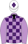 Mauve and purple check, mauve sleeves, white cap, purple diamond
