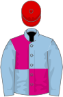 Light blue and cerise (quartered), red cap