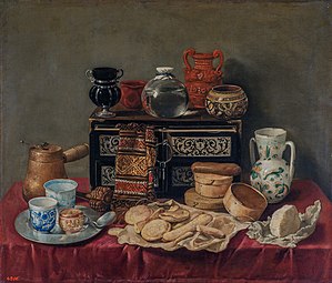 Furniture, delftware, maiolica, and ceramics. Still Life with an Ebony Chest by Antonio de Pereda; c. 1652, 80 × 94 cm, Hermitage Museum.