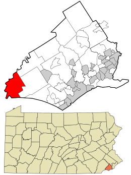 Location of Chadds Ford Township in Delaware County, Pennsylvania (top) and of Delaware County in Pennsylvania (bottom)