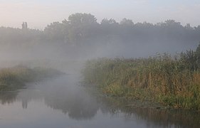 Desna river, feeder of the Southern Bug, at meadow. Ukraine, Vinnytsia Raion Image is also a Featured picture of fog