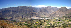 Cotahuasi canyon with the village of Cotahuasi and the mountain Wiñaw (on the right) as seen from the southwest