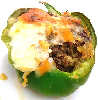 Stuffed peppers dish involving filling the cavities of a bell pepper with other food