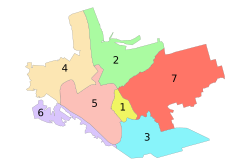 Administrative map of Zaporizhzhia; the Khortytskyi District is indicated by the number 6.