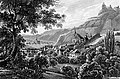 The town of Traben-Trarbach and the Grevenburg on the Moselle. Aquatint by Karl Bodmer 1841.