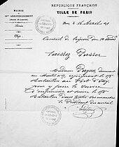 Scan d'un laissez-passer utilisé par Alix Payen. Il y est écrit : « Paris, le 16 avril 1871. Conseil de légion du dixième arrondissement. Laissez passer Madame Payen, demeurant rue Martel numéro 17, rejoignant le cent-cinquante-troisième bataillon au fort d'Issy pour y faire le service militaire et suivre le cent-cinquante-troisième bataillon dans toutes ses marches. Le président du conseil, Leroudier. »