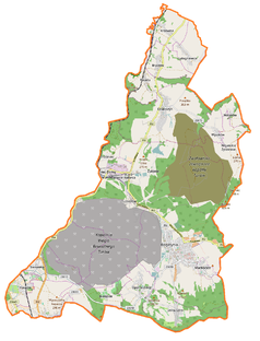 Mapa konturowa gminy Bogatynia, blisko dolnej krawiędzi znajduje się punkt z opisem „źródło”, natomiast blisko centrum po prawej na dole znajduje się punkt z opisem „ujście”