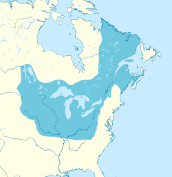 Map of Canada after 1713. At its fullest extent, Canada extended from south of the Great Lakes to the Gulf of St Lawrence.