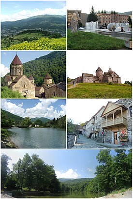 از بالا چپ: افق مریی دیلیجان • Dilijan town hall صومعه هاغارتسین • Goshavank Monastery پارک ملی دیلیجان • Sharambeyan street of old Dilijan دریاچه پارز