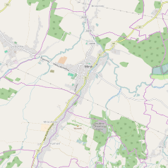 Mapa konturowa Mirska, w centrum znajduje się punkt z opisem „Parafia Zwiastowania Najświętszej Maryi Pannie”