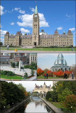 Centre Block on Parliament Hill, the National War Memorial in downtown Ottawa, the گالری ملی کانادا، and the Rideau Canal with Château Laurier.