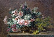 Pivoines et mimosa dans un vase en cuivre, oil on canvas, 114 x 163 cm