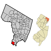 Location of North Arlington in Bergen County highlighted in red (left). Inset map: Location of Bergen County in New Jersey highlighted in orange (right).