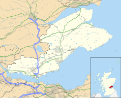 Mapa konturowa Fife, na dole po lewej znajduje się punkt z opisem „Dunfermline”