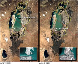 Évolution de l'île en péninsule, entre 2000 et 2001