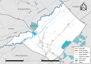 Carte en couleur présentant le réseau hydrographique de la commune