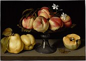 Glass tazza with peaches, Jasmine flowers, quinces and a grasshopper, c. 1610