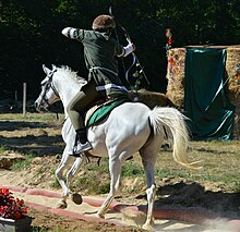 Cavalier vu de 3/4 dos, tirant à l'arc sur une cible.