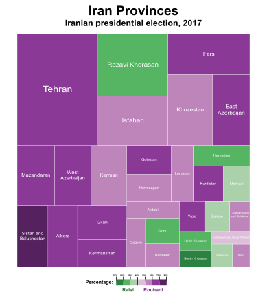 Iranian presidential election, 2017 by province. The size of each province is proportional to its population.