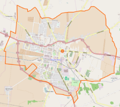 Mapa konturowa Pleszewa, w centrum znajduje się punkt z opisem „Synagoga w Pleszewie”