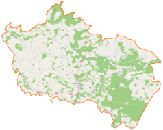 Mapa konturowa powiatu siemiatyckiego, na dole po lewej znajduje się punkt z opisem „Drohiczyn”