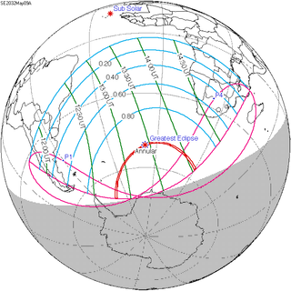 <span class="mw-page-title-main">Solar eclipse of May 9, 2032</span> Future annular solar eclipse